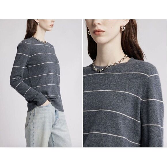 Nordstrom Women Crewneck Cashmere Sweater In Grey- Beige Spaced Stripe Sz Large - Picture 1 of 8